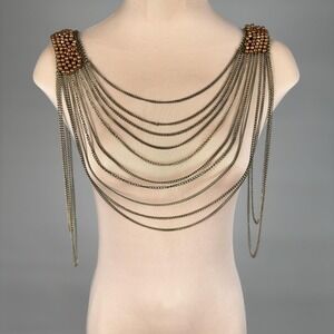 Statement Shoulder Necklace Bib Chains Draped Beads Bronze Tone